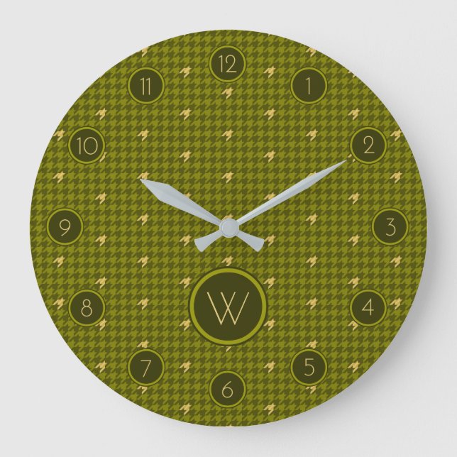 Olive mit Gold Accent Hahnentrittmuster Clock Große Wanduhr (Vorderseite)
