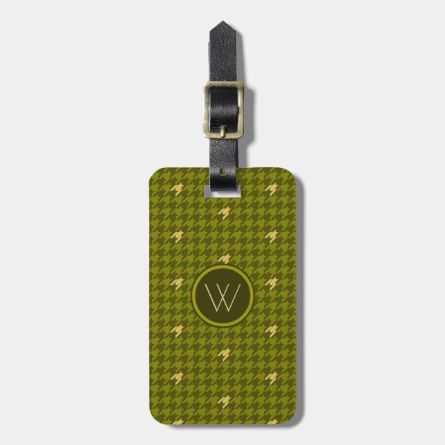 Olive mit Gold Accent Hahnentrittmuster Gepäckmark Gepäckanhänger (Vorderseite vertikal)