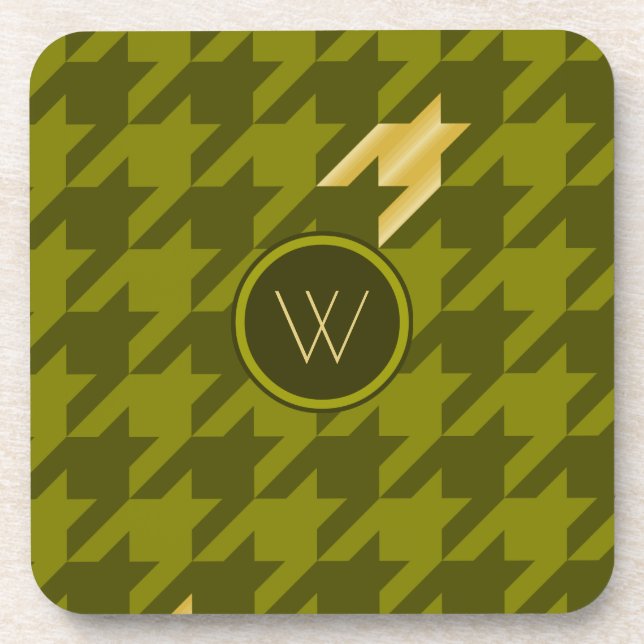 Olive mit Gold Accent Hahnentrittmuster Square Unt Getränkeuntersetzer (Vorderseite)