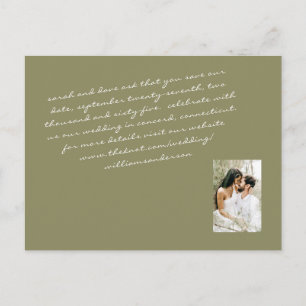 Olive Modern Script Couple Foto Rettete Unser Date Postkarte