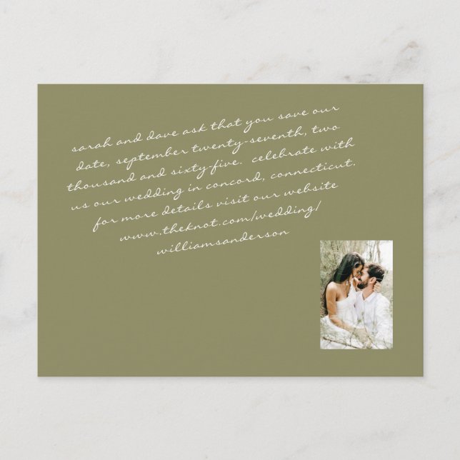 Olive Modern Script Couple Foto Rettete Unser Date Postkarte (Vorderseite)
