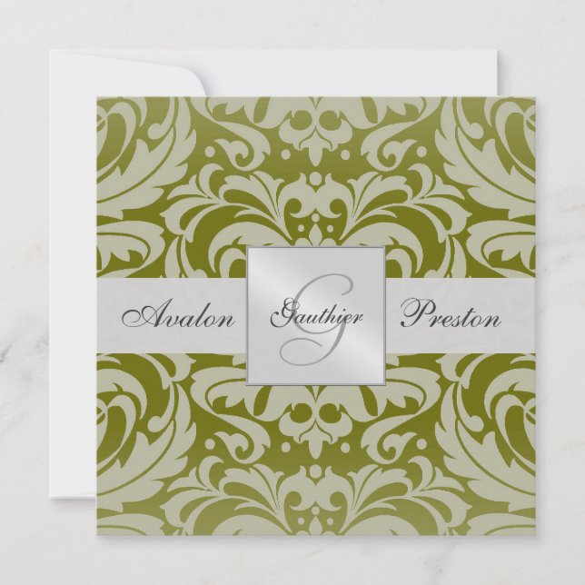 Olive Monogram Damask Hochzeitseinladung Einladung (Vorderseite)