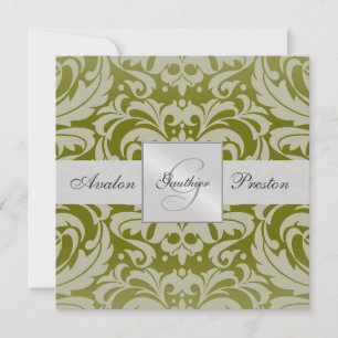 Olive Monogram Damask Hochzeitseinladung Einladung