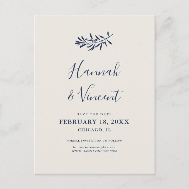 Olive Navy Save the Date Postkarte (Vorderseite)