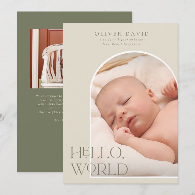 Olive Neutral Arch Foto Geburtshilfeverkündung Einladung (Vorne/Hinten)