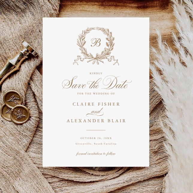 Olive Oak Wreath Monogram Save the Date Einladung (Von Creator hochgeladen)