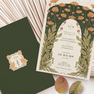 Olive & Orange Wedding Vintag Art Nouveau Floral Einladung