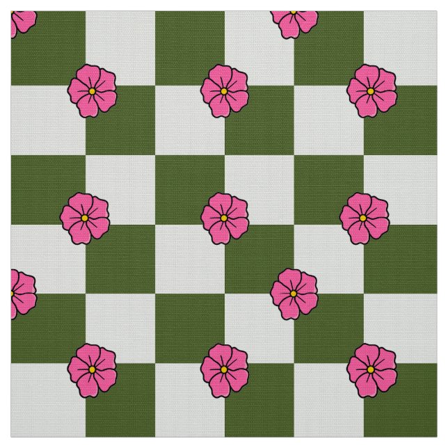 Olive Pink Floral Checkerboard Polyester Fabric Stoff (Muster)