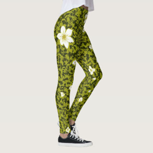 Olive Print mit weißer Blume Design, Niedlich flor Leggings