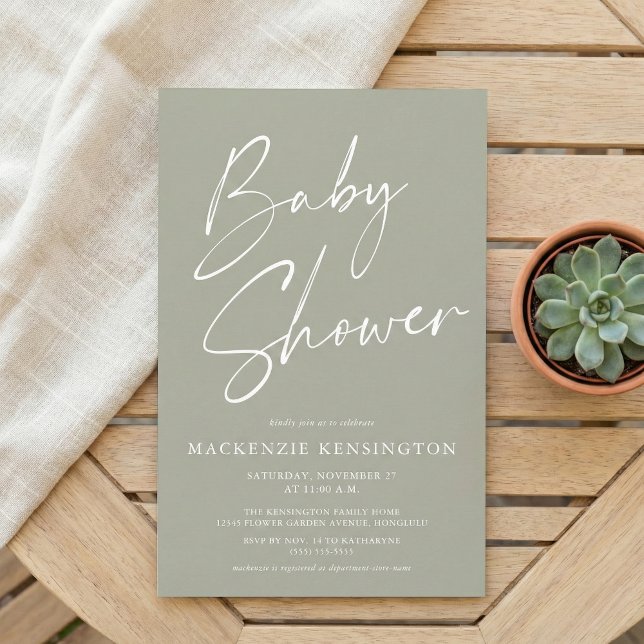 Olive Sage Green Einfache Script Baby Dusche (Von Creator hochgeladen)