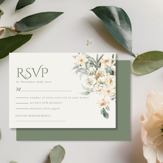 Olive Sage Green Ivory Florals Botanische Hochzeit RSVP Karte (Von Creator hochgeladen)