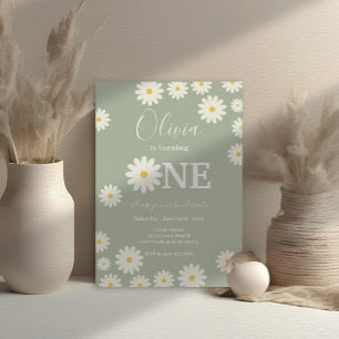 Olive Sage Retro Daisy Floral 1. Geburtstag Party Einladung