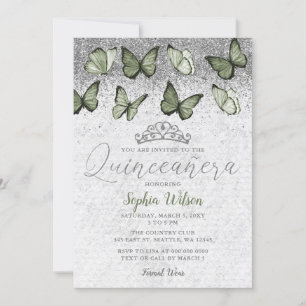 Olive Sage Silber Glitter Schmetterling Quinceañer Einladung