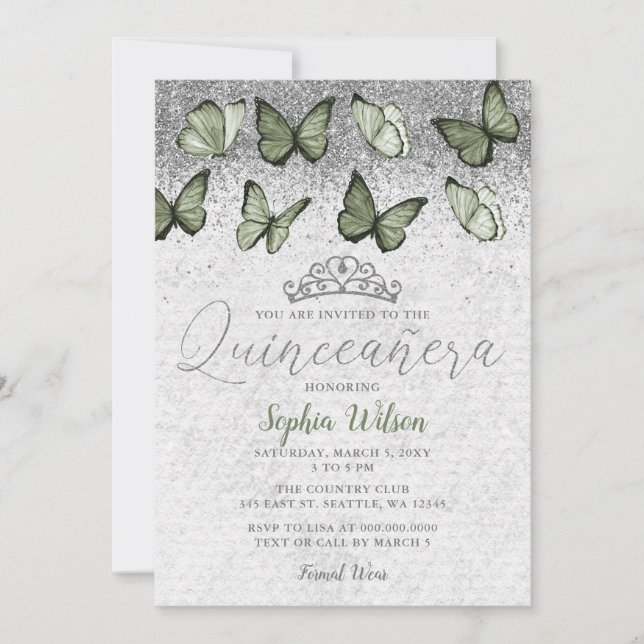 Olive Sage Silver Glitzer Butterfly Quinceañera Einladung (Vorderseite)