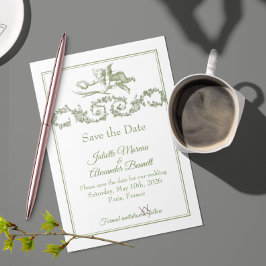 Olive Sage Toile de Jouy Cherub Save the Date Card