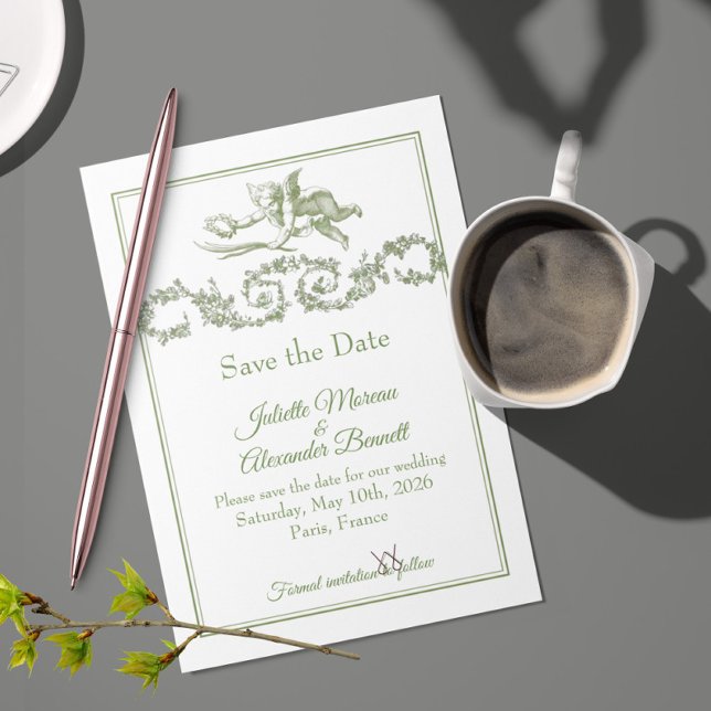 Olive Sage Toile de Jouy Cherub Save the Date Card (Von Creator hochgeladen)