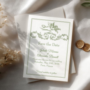 Olive Sage Toile de Jouy Cherub Save-the-Date-Kart Save The Date