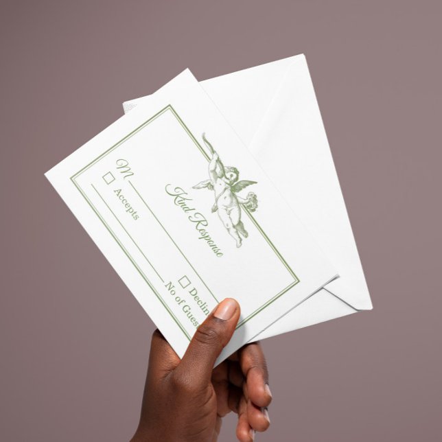 Olive Sage Toile de Jouy Cherub Wedding RSVP Card (Von Creator hochgeladen)