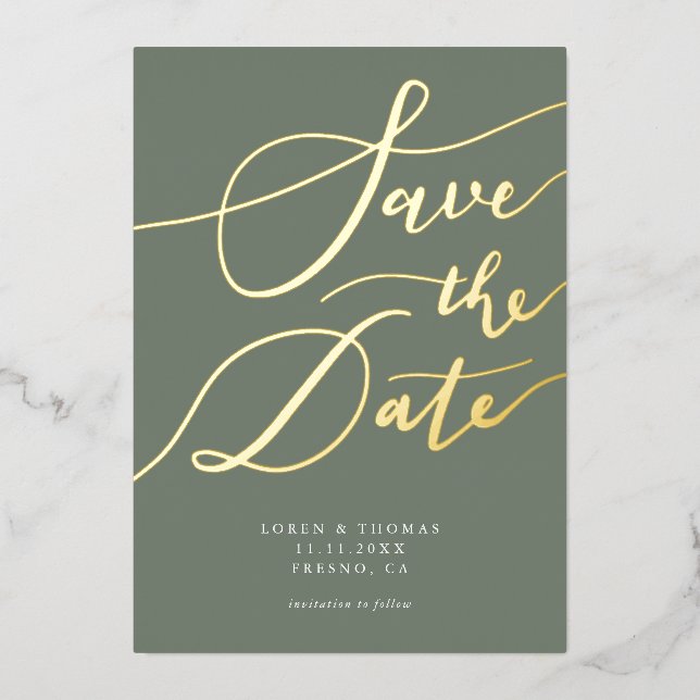 Olive Save the Date Kalligraphie Folieneinladung (Vorderseite)