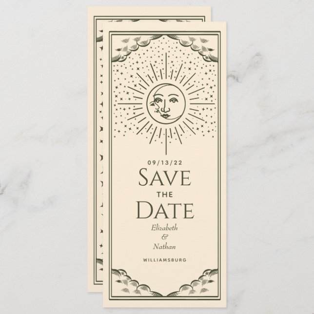 Olive Sun and Moon Tarot Card Save the Date Einladung (Vorne/Hinten)