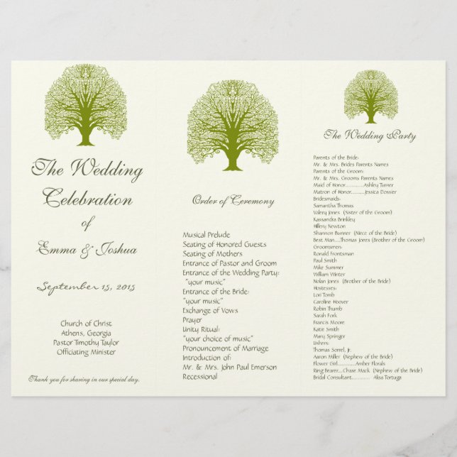 Olive Swirl Tree TriFold Wedding Program (Vorderseite)