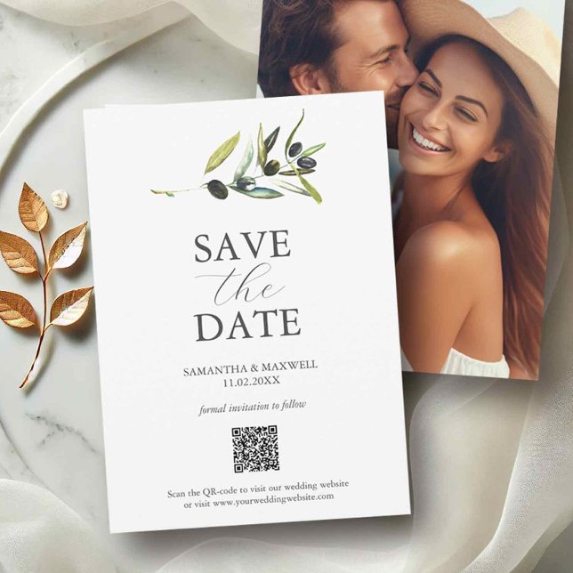 Olive Theme Foto QR-Code Speichern der Daten Save The Date (QR code save the date invitations with photo and olive branch. )