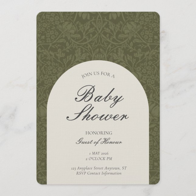 Olive Traditional Floral Arts and Crafts Shower Einladung (Vorderseite)