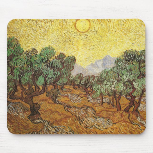 Olive Trees Yellow Sky & Sun Van Gogh Kunst und Ku Mousepad (Vorne)
