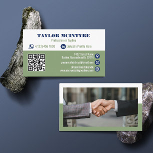 Olive- und Navyblau-Professionelle-Icons-QR-Code Visitenkarte
