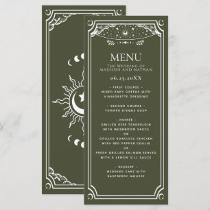 Olive- und weiße elegante Tarotkarten-Hochzeit Menükarte