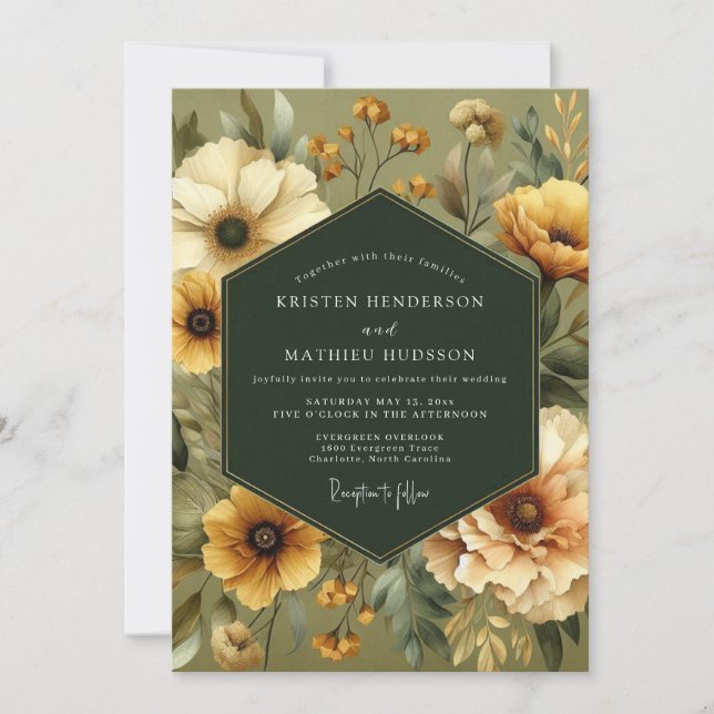 Olive Vintage Bloom Wedding Einladung (Vorderseite)