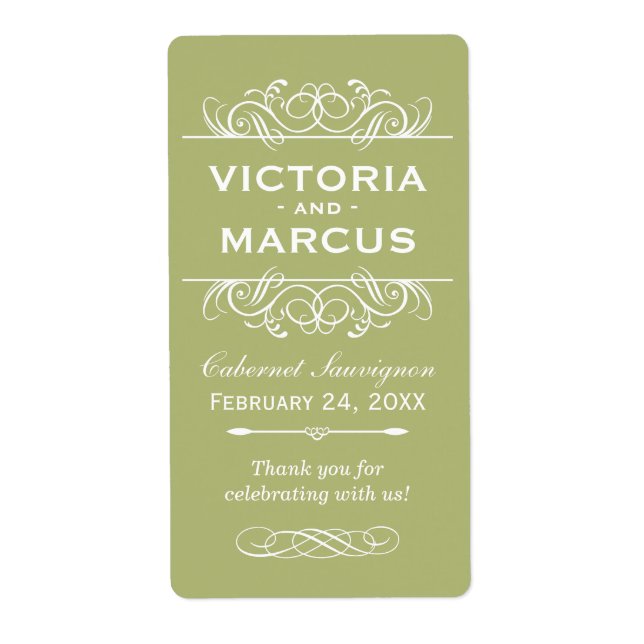 Olive Wedding Wine Bottle Monogram Fevor Labels (Vorne)