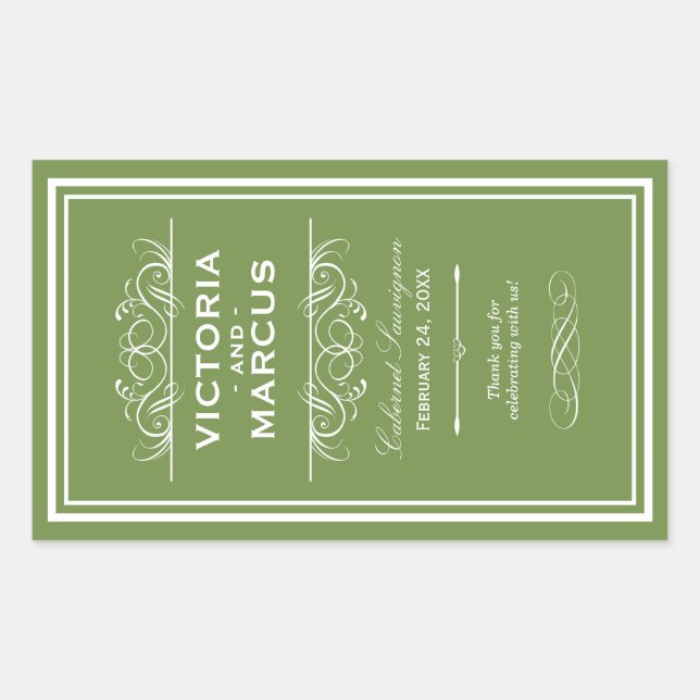 Olive Wedding Wine Bottle Monogram Fevor Labels Rechteckiger Aufkleber (Vorderseite)