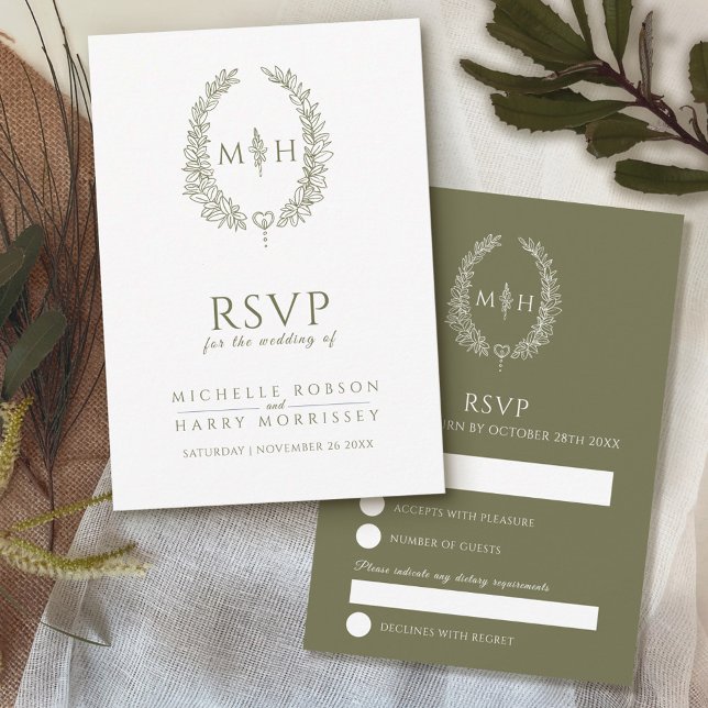 Olive-White-Blatt-Mono-Hochzeit RSVP Karte (Von Creator hochgeladen)