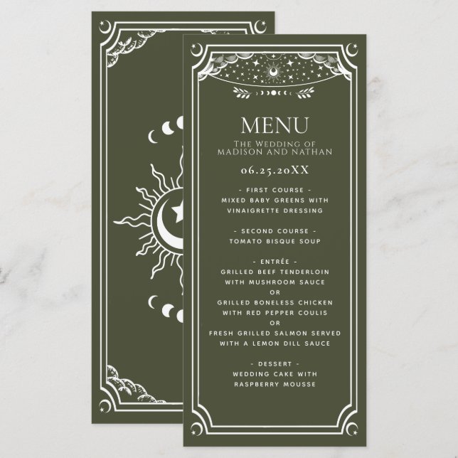 Olive & White Elegante Tarot Card Hochzeit Menükarte (Vorne/Hinten)