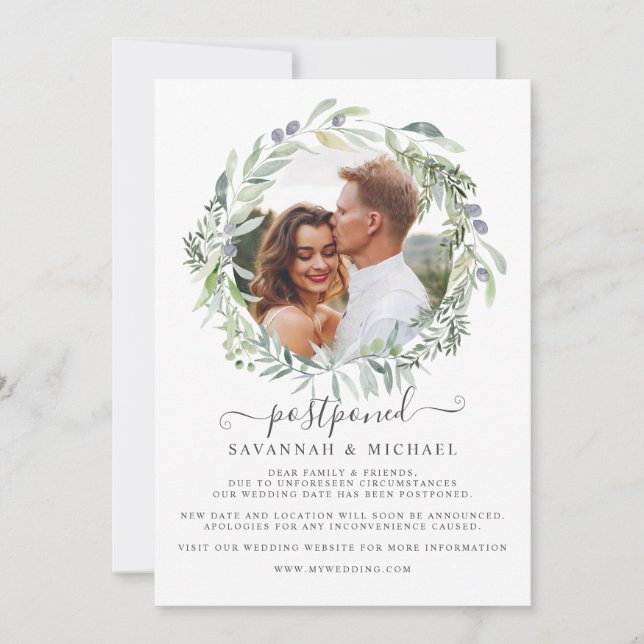 Olive Wreath Foto verschoben Hochzeit Save The Date (Vorderseite)