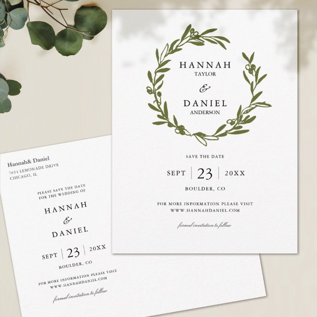 Olive Wreath Save the Date Postkarte (Von Creator hochgeladen)