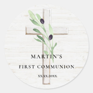 Olive Zweige Weißholz Kreuz Erste Kommune Runder Aufkleber