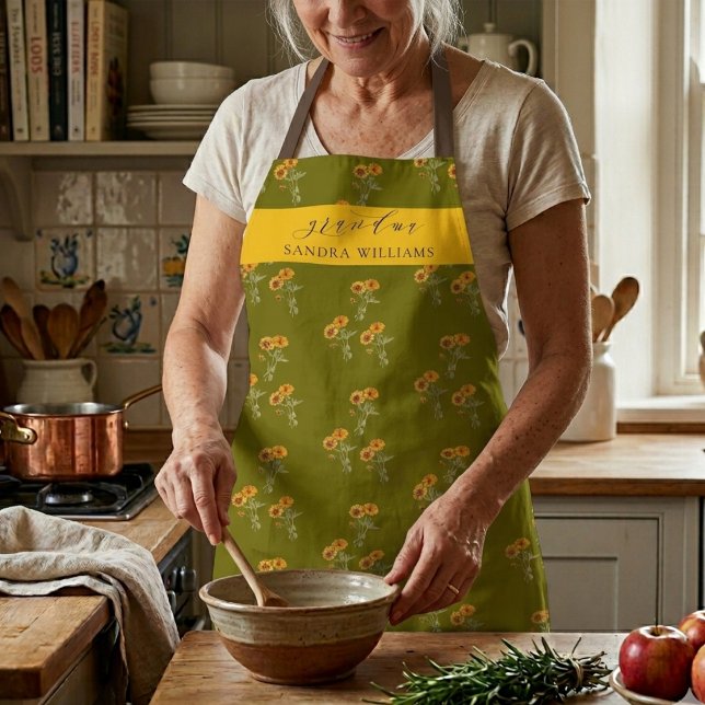 Olivegrüne Oma stilvolles Blumenmuster Schürze (Von Creator hochgeladen)