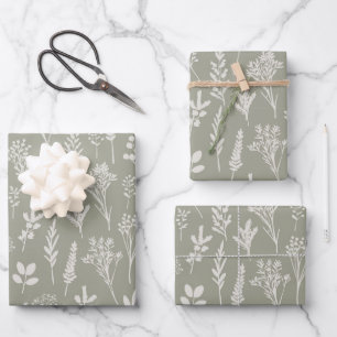 Olivegrüne Pflanzen und Kräuter Muster Florales Ge Geschenkpapier Set