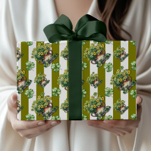 Olivegrüne Vintage-Gestreifte-Kleeblatt-Topf-Verpa Geschenkpapier