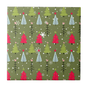 Olivegrüner wunderlicher Weihnachtsbaum-Muster Fliese