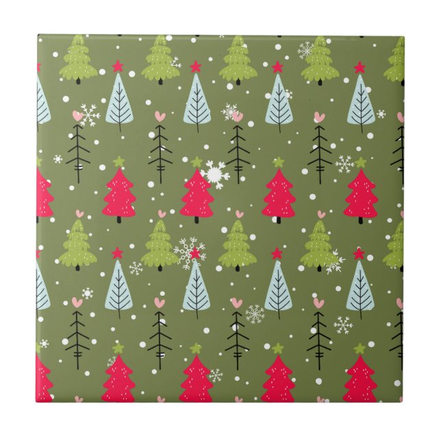 Olivegrüner wunderlicher Weihnachtsbaum-Muster Fliese (Vorderseite)