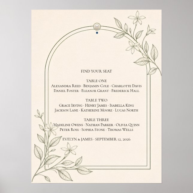 Oliven-Botanik-Hochzeit Sitzplan Poster (Vorne)