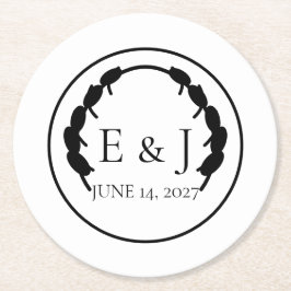 Oliven-Botanik-Monogramm-Hochzeitspapier-Unterlage Runder Pappuntersetzer