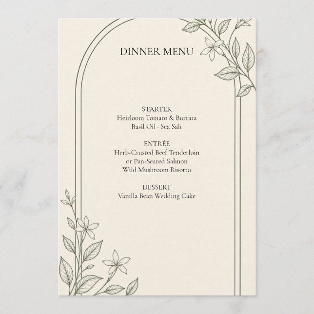 Oliven-Botanischer-Bogen-Hochzeits-Dinner-Menü Menükarte (Vorderseite)