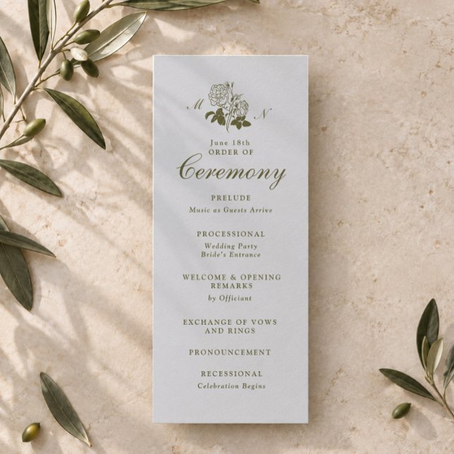 Oliven-Botanisches-Monogramm-Hochzeitsprogramm Einladung (Von Creator hochgeladen)