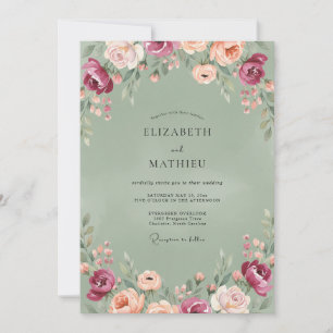 Oliven-Burgunder-Ranunculus-Eucalyptus-Hochzeit Einladung