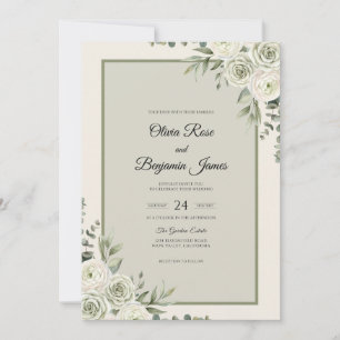 Oliven-Creme-Blüten-Hochzeit Einladung