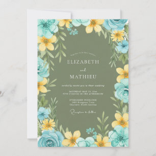 Oliven-Cyan-Gelbe Wildblumen-Hochzeit Einladung